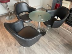 1 x Round Glass Table and Chair Set - Smoked Glass Table With Chrome Base and Three Occasional