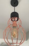 4 x Suspended Ceiling Light Pendants With Rose Gold Coloured Cage Shades - Size: 65 cms Drop