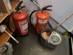 1 x Assorted Lot to Include 2 x Fire Extinguishes, 1 x Unused Toilet Brush, 2 x Buckets and 1 x