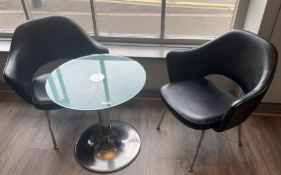1 x Round Glass Table and Chair Set - Smoked Glass Table With Chrome Base and Two Occasional
