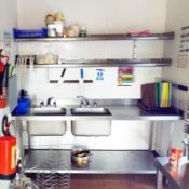 1 x Stainless Steel Double Bowl Wash Unit Featuring Anti Spill Top, Taps & Two Wall Mounted Shelves