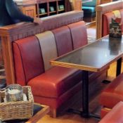 2 x Large Banqueting Seating Benches Upholstered in Red and Cream Leatherette With Black Piping