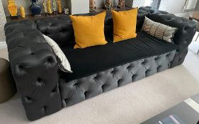 1 x Contemporary Buttoned Sofa In Black Satin And Velvet, With 4 x Designers Guild Cushions