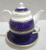 1 x HALCYON DAYS Antler Trellis Gold And Royal Blue Tea For One Set - Original Price £145.00