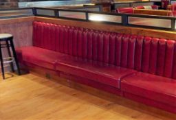 4 x Sections of Restarant Booth Seating Upholstered In Red Faux Leather With Vertical Fluted Backs
