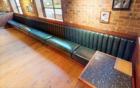 6 x Sections of Restarant Booth Seating Upholstered In Green Faux Leather With Vertical Fluted Backs