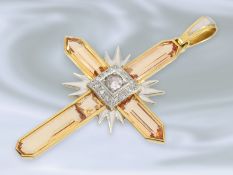 Anhänger: einzigartiger Kreuz-Goldschmiedeanhänger mit Diamantbesatz und orangefarbenen Farbsteinen,