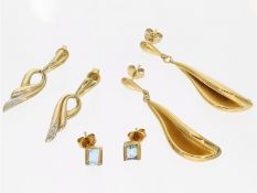 Ohrschmuck: vintage Konvolut aus 2 Paar Ohrhängern und 1 Paar Ohrsteckern, 14K Gold