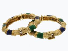 Ohrschmuck: dekorative blau/grün emaillierte "Bamboo"-Creolen, 18K Gold