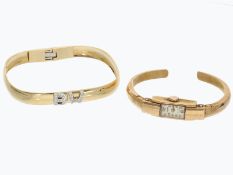 Armbanduhr/Armspange: kleine Art déco Spangenuhr und Brillantarmspange, 18K Gold