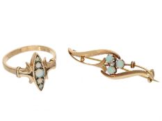 Schmuckset: ausgefallener 14K Gold Jugendstil-Schmuck mit Opal- und Diamantbesatz