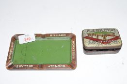 Burnley Billiard Works Willie Holt Ltd metal advertising ashtray together with E J Riley Ltd