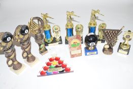 Group of eleven various pool/snooker tropies of plastic/composition construction