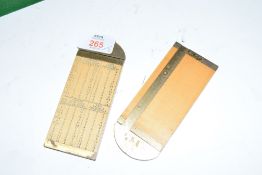 Two wood and brass mounted caliper gauges, one with the body marked with charts of various products,