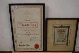 Framed certificate The Forest of Dean Snooker League to certify that Cinderford Miners Welfare won