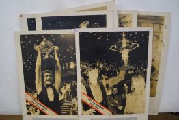 Collection of black and white photographic prints on card backs, Snooker World Champions Alex