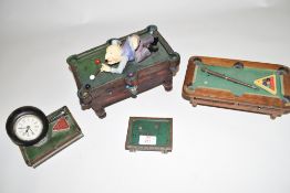 Mixed Lot comprising a novelty money box formed as a snooker table, novelty desk clock mounted on