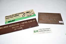 Mixed Lot comprising a brass wall plaque marked 'Burnley Billiard Halls and Works Ltd, Burnley,