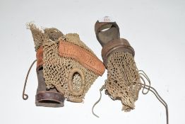 Two vintage billiards table pockets, one retaining leather exterior marked 'The Riley Pocket