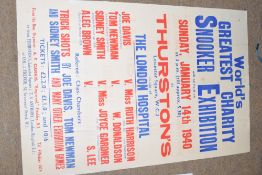 Advertising poster - World's Greatest Charity Snooker Exhibition, Sunday January 14th 1940, at