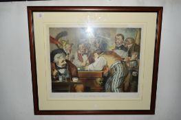 19th century French billiards print 'Les Gros Bnnets de l'endroit', f/g, 73cm wide