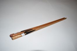 Set of three apprentice cues, probably made by workers at Peradon Cues, circa 1940s, shafts of