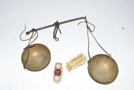 Box containing pair of small brass beam scales, together with a small box containing half-inch