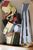 Box of various model railway buildings, controls, etc, principally plastic
