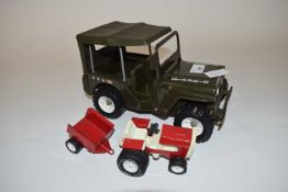 Vintage Tonka Jeep together with a Tonka tractor and trailer