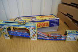 Vintage 1960s Russian tin plate clockwork skiing toy in original box with instructions