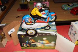 Vintage Chinese clockwork metal motorcycle with sidecar