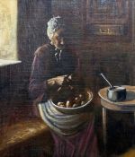 British School, 19/20th Century, Woman peeling potatoes by a window, oil on canvas,17x15ins, framed