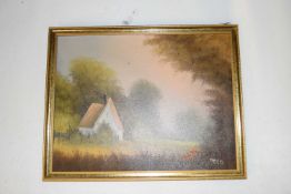 British school (20th century), A cottage in a woodland landscape, oil on board, indistinctly signed,