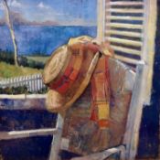 20th Century giclée print of an interior scene of a chair and bonnet by a window, framed and