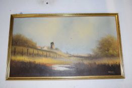 British School (20th century), rural landscape with a windmill and cottages in the distance,