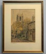 'St. Michael's at Coslany, Norwich', watercolour and ink, indistinctly signed, 12x8.5ins, framed and