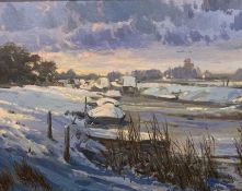 E.J. Bush, (British, 20th century), winter scene on the river, oil on board, signed, framed.