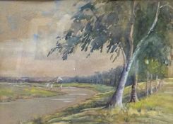 British school, 20th century, view from the riverbank, watercolour, indistinctly signed, framed