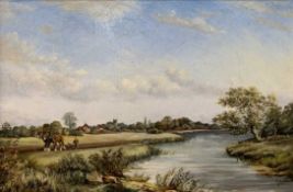 Tom Turner (British, 20th century), An English countryside with a farmer and Shire horses ploughing,