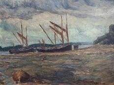 Ralph Herring (Australian, 20th century) 'Barges, River Orwell', oil on board, signed, framed