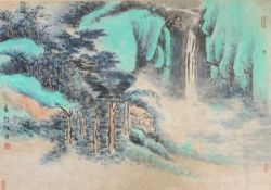 Oriental School, 20th Century, A mountainous range with waterfall and shrine, watercolour and ink,