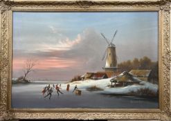 Bernard Page (British, 20th century) skater on ice below a windmill with a town in the distance, oil