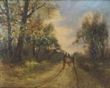 British school, 20th century, Horse and cart within a wooded landscape, indistinctly signed, oil