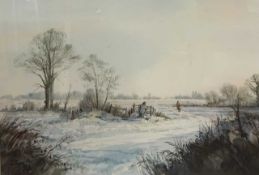 Keith Johnson (British, 20th century) winter scene, watercolour, signed,13x19.5ins, framed and
