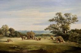 Tom Turner (British, 20th century), Countryside scene, bringing in the harvest, oil on board,