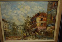 Caroline Burnett (American, 20th century), Parisian street scene, impasto oil on board, signed,