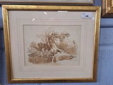 British School, 20th century, a study of a woodland scene with flowing water trough, sepia