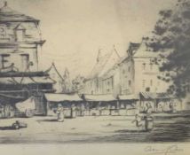 British School, 19/20th Century, Market scene, etching, indistinctly signed in the margin, framed