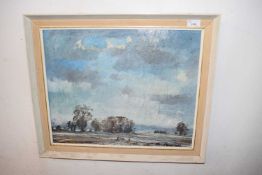 British school (mid-20th Century), rural landscape with distant buildings, impasto oil on board,