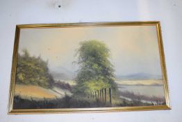 British school (20th century), A rural landscape with rolling hills on the horizon, indistinctly